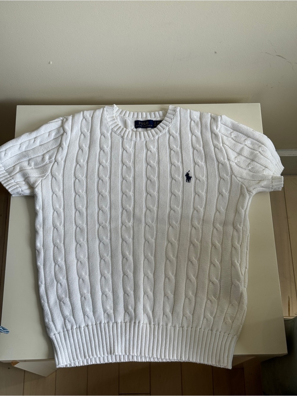 Polo by Ralph Lauren White Cable-Knit Short Sleeve Sweater with Navy Pony